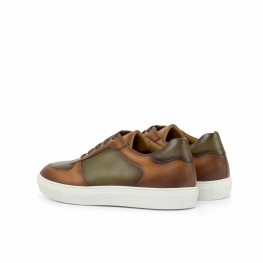 Cognac and Olive Painted Calf Leather Low Top Trainer-Brown- Green OLIVE